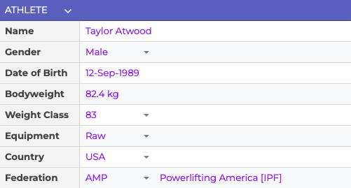 Athlete Parameters Screenshot showing personal settings